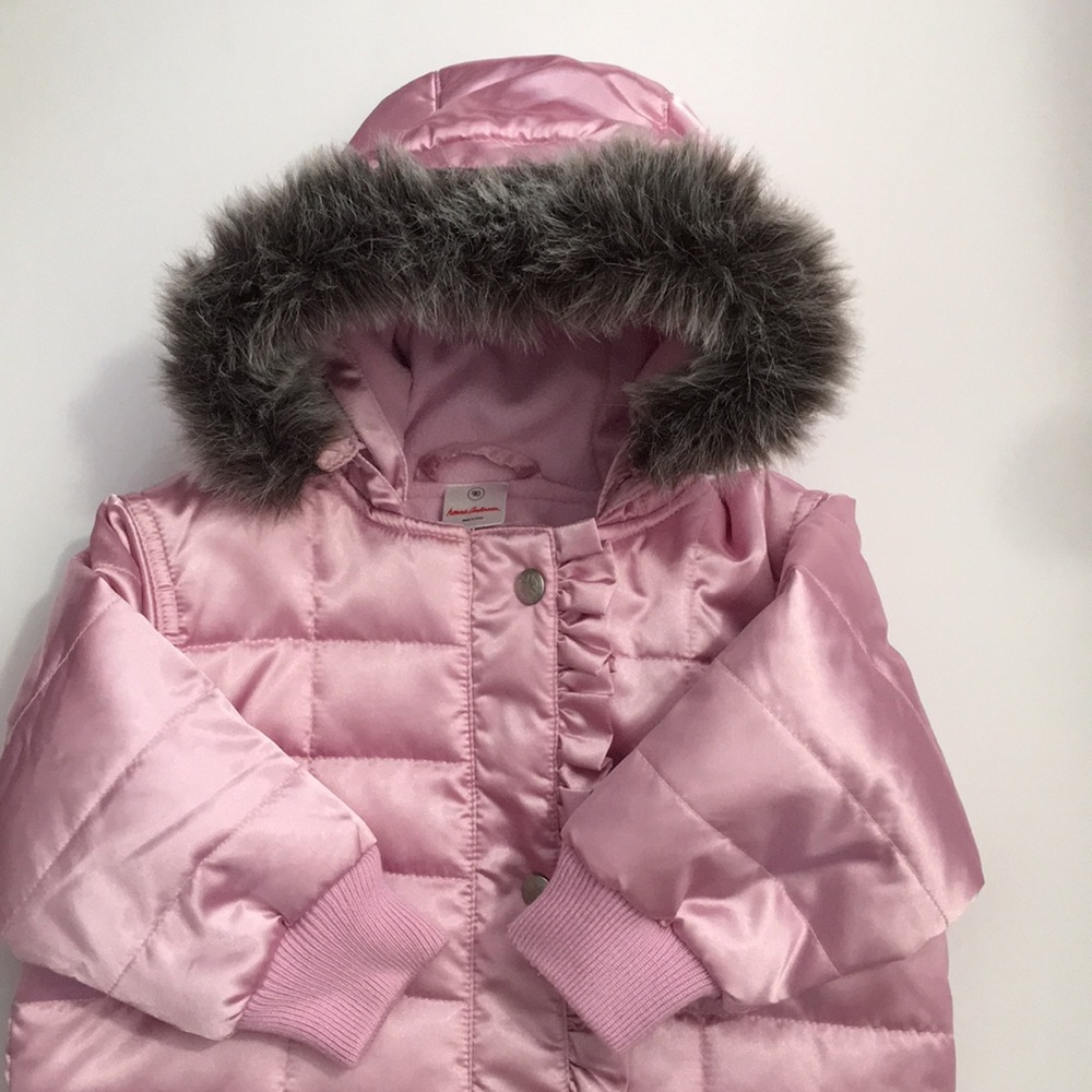 Hanna Anderson metallic pink snow suit.